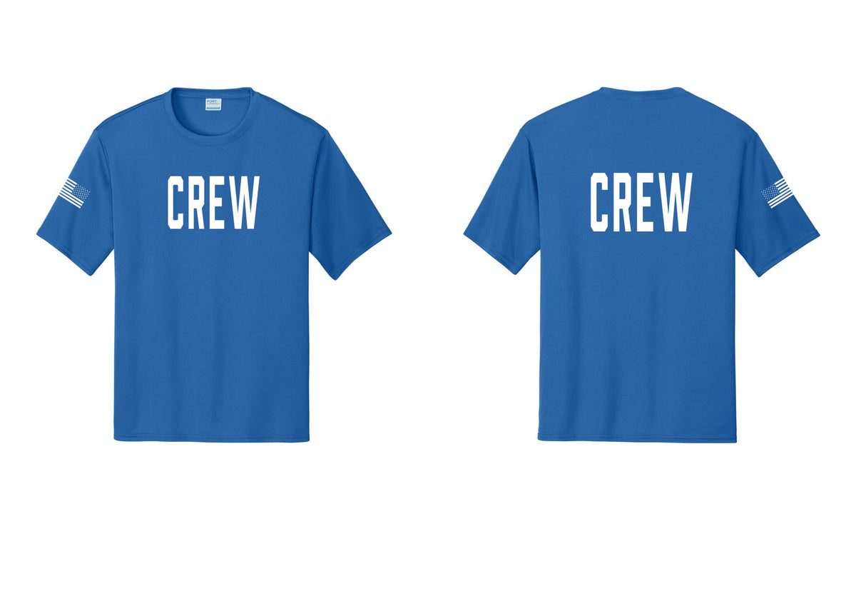 NYC Factory Crew Performance T-Shirt for Event Staff & Production Teams (Classic) - Front + Back + US Flag Sleeve - Royal