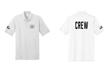 NYC Factory Custom Work Crew Uniform Polo Shirt with Your Logo (Classic) - Your Logo + Back + US Flag Sleeve - White