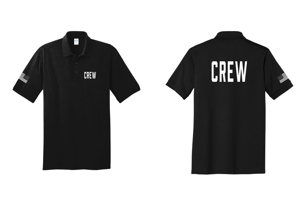 NYC Factory Crew Polo Shirt for Event Staff & Production Teams (Classic) - Chest + Back + US Flag Sleeve - Black