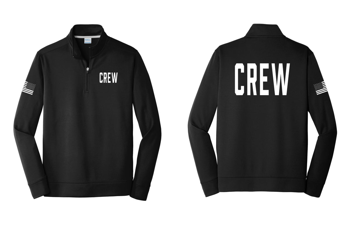NYC Factory Crew Performance Fleece 1/4-Zip Pullover Sweatshirt for Event Staff & Production Teams (Classic) - Chest + Back + US Flag Sleeve - Black