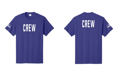 NYC Factory Crew T-Shirt, Condensed Lettering - Front + Back + US Flag Sleeve - Purple