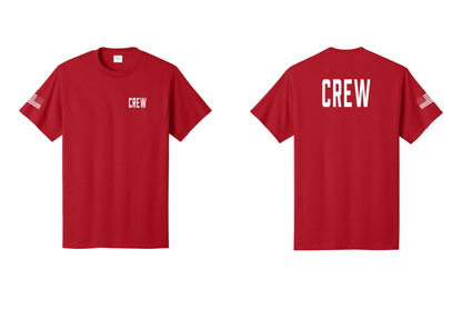 NYC Factory Crew T-Shirt, Condensed Lettering - Chest + Back + US Flag Sleeve - Red