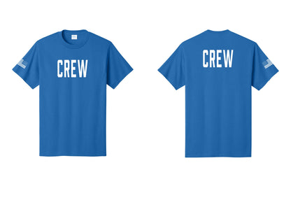 NYC Factory Crew T-Shirt, Condensed Lettering - Front + Back + US Flag Sleeve - Royal