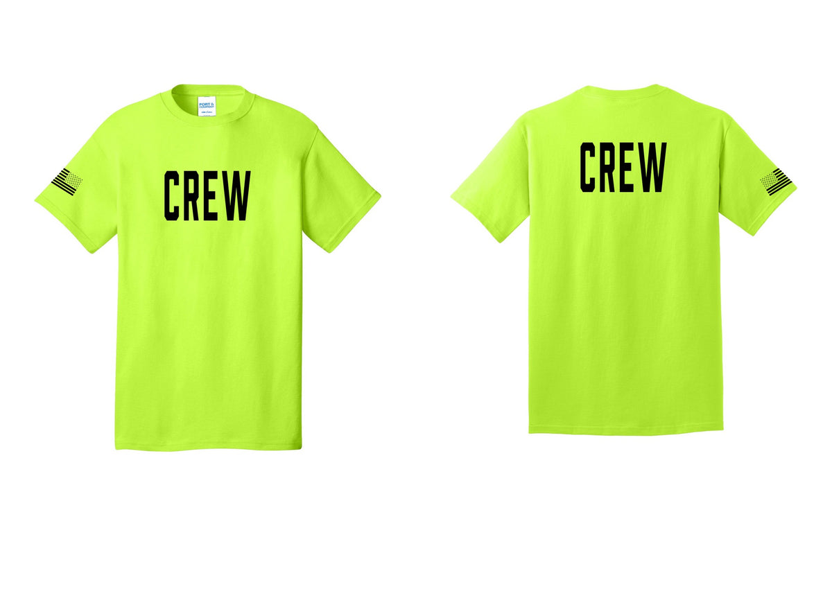 NYC Factory Crew T-Shirt, Condensed Lettering - Front + Back + US Flag Sleeve - Safety Green