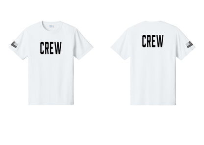 NYC Factory Crew T-Shirt, Condensed Lettering - Front + Back + US Flag Sleeve - White