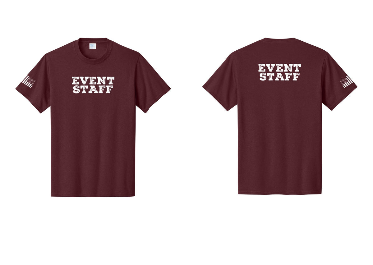 NYC Factory Event Staff T-Shirt - Front + Back + US Flag Sleeve - Athletic Maroon
