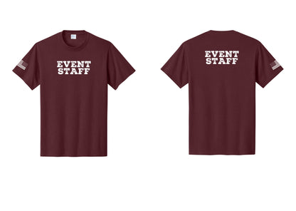 NYC Factory Event Staff T-Shirt - Front + Back + US Flag Sleeve - Athletic Maroon