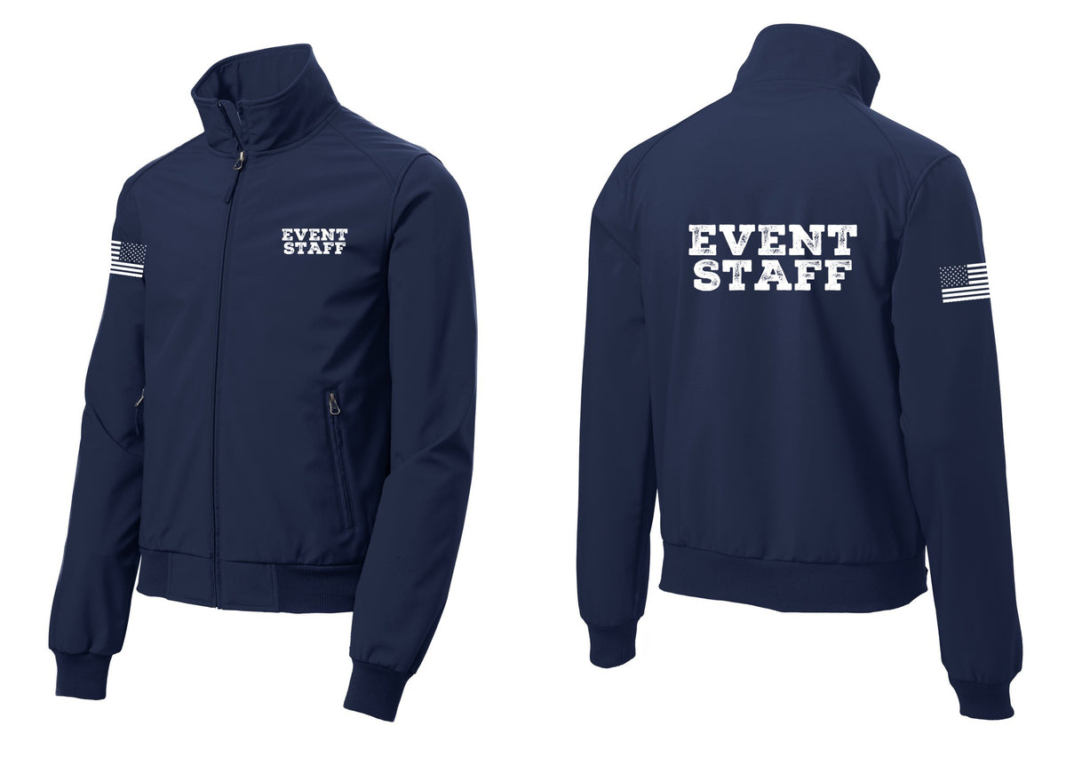 NYC Factory Event Staff Soft Shell Bomber Jacket (Rustic) - Chest + Back + US Flag Sleeve - Dress Blue Navy