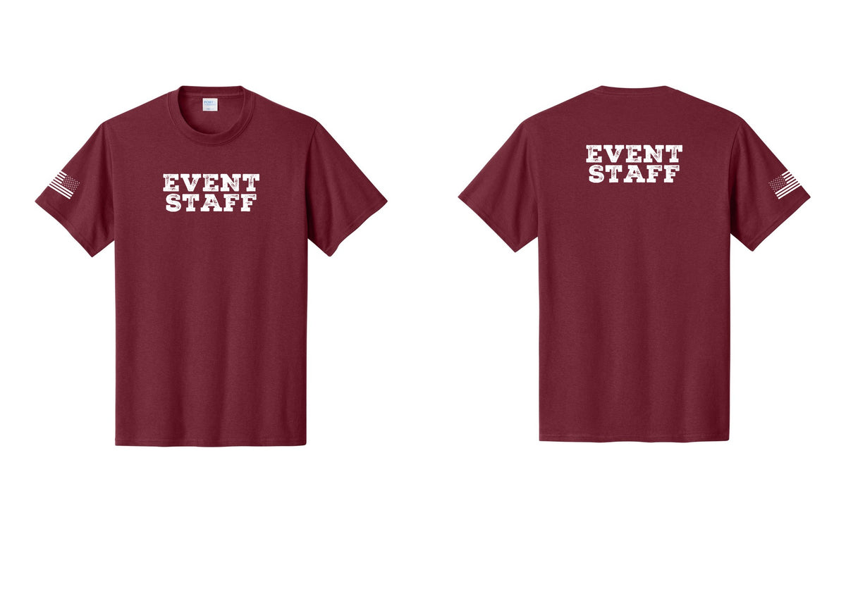 NYC Factory Event Staff T-Shirt - Front + Back + US Flag Sleeve - Cardinal