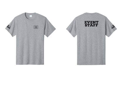 NYC Factory Custom Logo Event Staff T-Shirt - Your Logo + Back + US Flag Sleeve - Athletic Heather