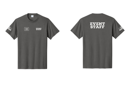 NYC Factory Custom Logo Event Staff T-Shirt - EVENT STAFF + Your Logo + Back + US Flag Sleeve - Charcoal