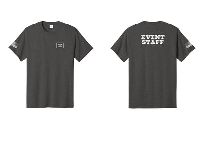NYC Factory Custom Logo Event Staff T-Shirt - Your Logo + Back + US Flag Sleeve - Dark Heather Grey