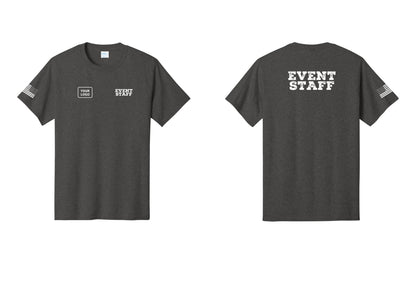 NYC Factory Custom Logo Event Staff T-Shirt - EVENT STAFF + Your Logo + Back + US Flag Sleeve - Dark Heather Grey