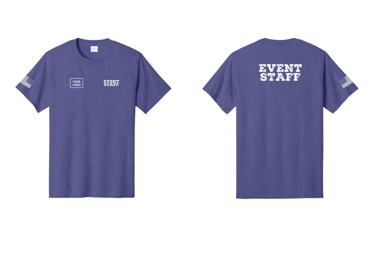 NYC Factory Custom Logo Event Staff T-Shirt - EVENT STAFF + Your Logo + Back + US Flag Sleeve - Heather Purple