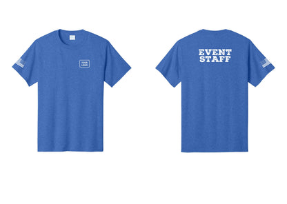 NYC Factory Custom Logo Event Staff T-Shirt - Your Logo + Back + US Flag Sleeve - Heather Royal