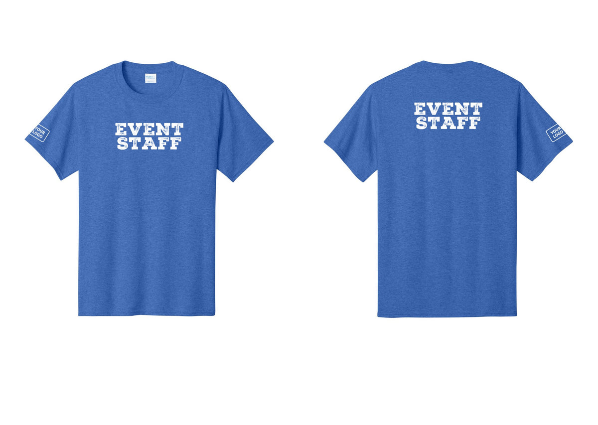 NYC Factory Custom Logo Event Staff T-Shirt - Front + Back + Your Logo Sleeve - Heather Royal