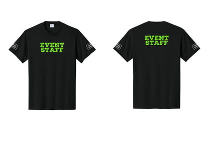 NYC Factory Custom Logo Event Staff T-Shirt - Front + Back + Your Logo Sleeves - Black / Neon
