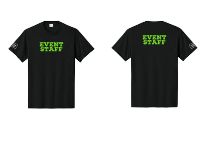 NYC Factory Custom Logo Event Staff T-Shirt - Front + Back + Your Logo Sleeve - Black / Neon