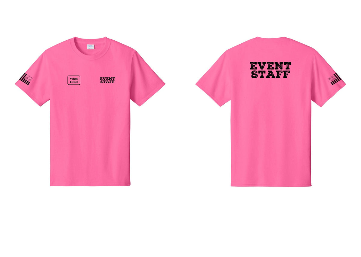 NYC Factory Custom Logo Event Staff T-Shirt - EVENT STAFF + Your Logo + Back + US Flag Sleeve - Neon Pink