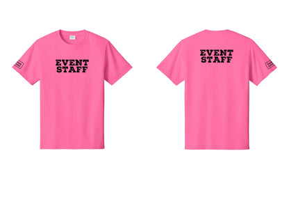 NYC Factory Custom Logo Event Staff T-Shirt - Front + Back + Your Logo Sleeve - Neon Pink