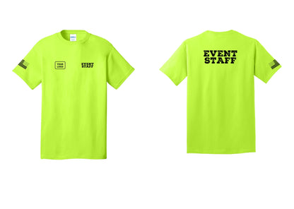 NYC Factory Custom Logo Event Staff T-Shirt - EVENT STAFF + Your Logo + Back + US Flag Sleeve - Safety Green