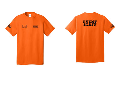 NYC Factory Custom Logo Event Staff T-Shirt - EVENT STAFF + Your Logo + Back + US Flag Sleeve - Safety Orange