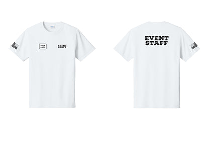NYC Factory Custom Logo Event Staff T-Shirt - EVENT STAFF + Your Logo + Back + US Flag Sleeve - White
