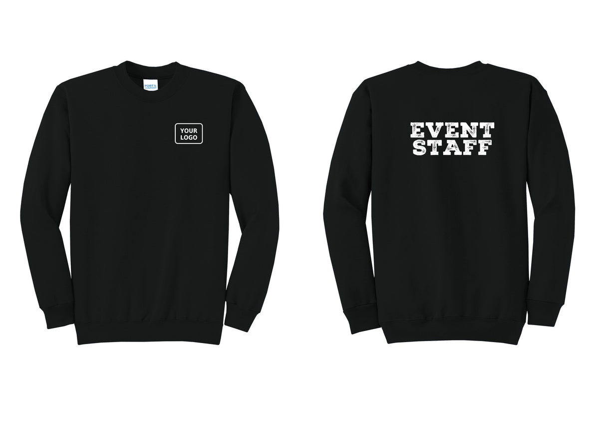 NYC Factory Custom Logo Event Staff Cotton Fleece Crewneck Sweatshirt (Rustic) - Your Logo + Back - Black