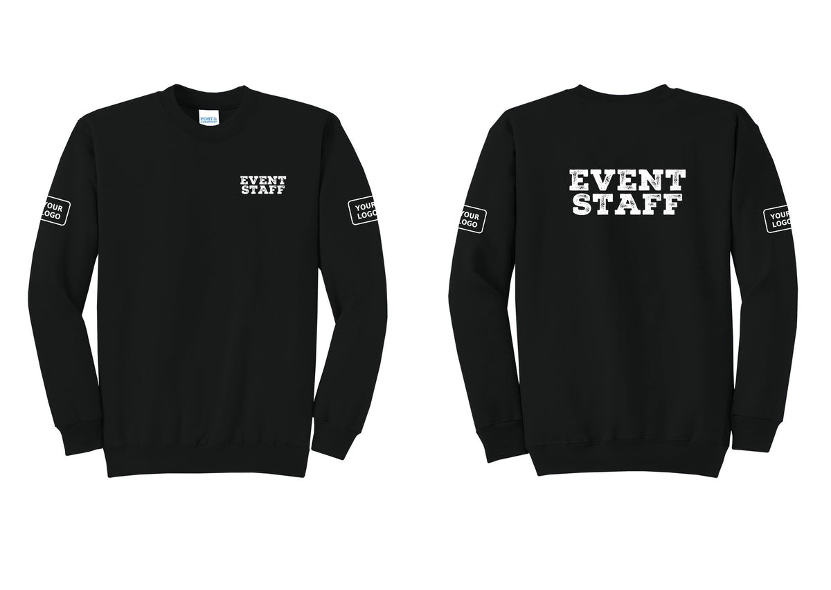 NYC Factory Custom Logo Event Staff Cotton Fleece Crewneck Sweatshirt (Rustic) - Chest + Back + Your Logo Sleeves - Black