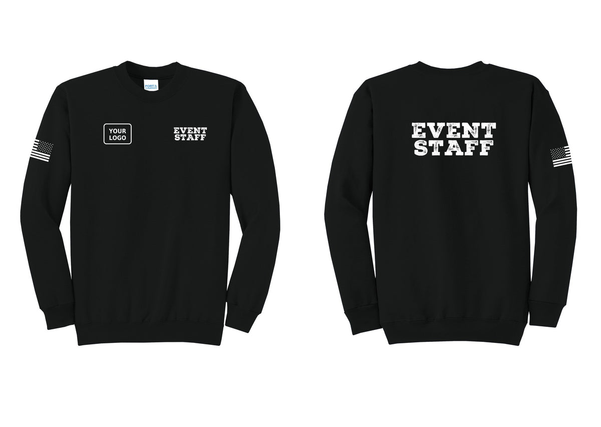 NYC Factory Custom Logo Event Staff Cotton Fleece Crewneck Sweatshirt (Rustic) - EVENT STAFF + Your Logo + Back + US Flag Sleeve - Black