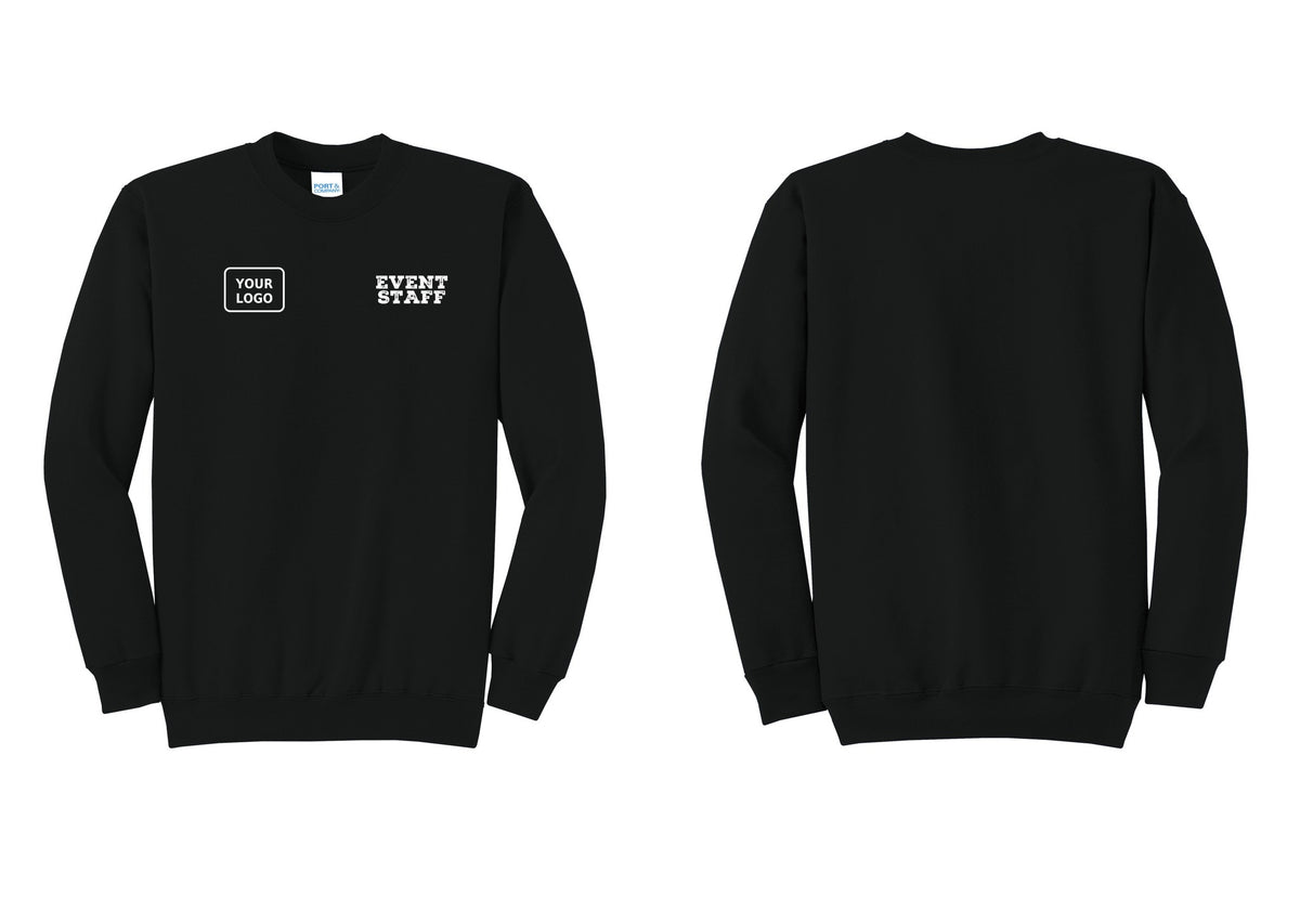 NYC Factory Custom Logo Event Staff Cotton Fleece Crewneck Sweatshirt (Rustic) - EVENT STAFF + Your Logo - Black
