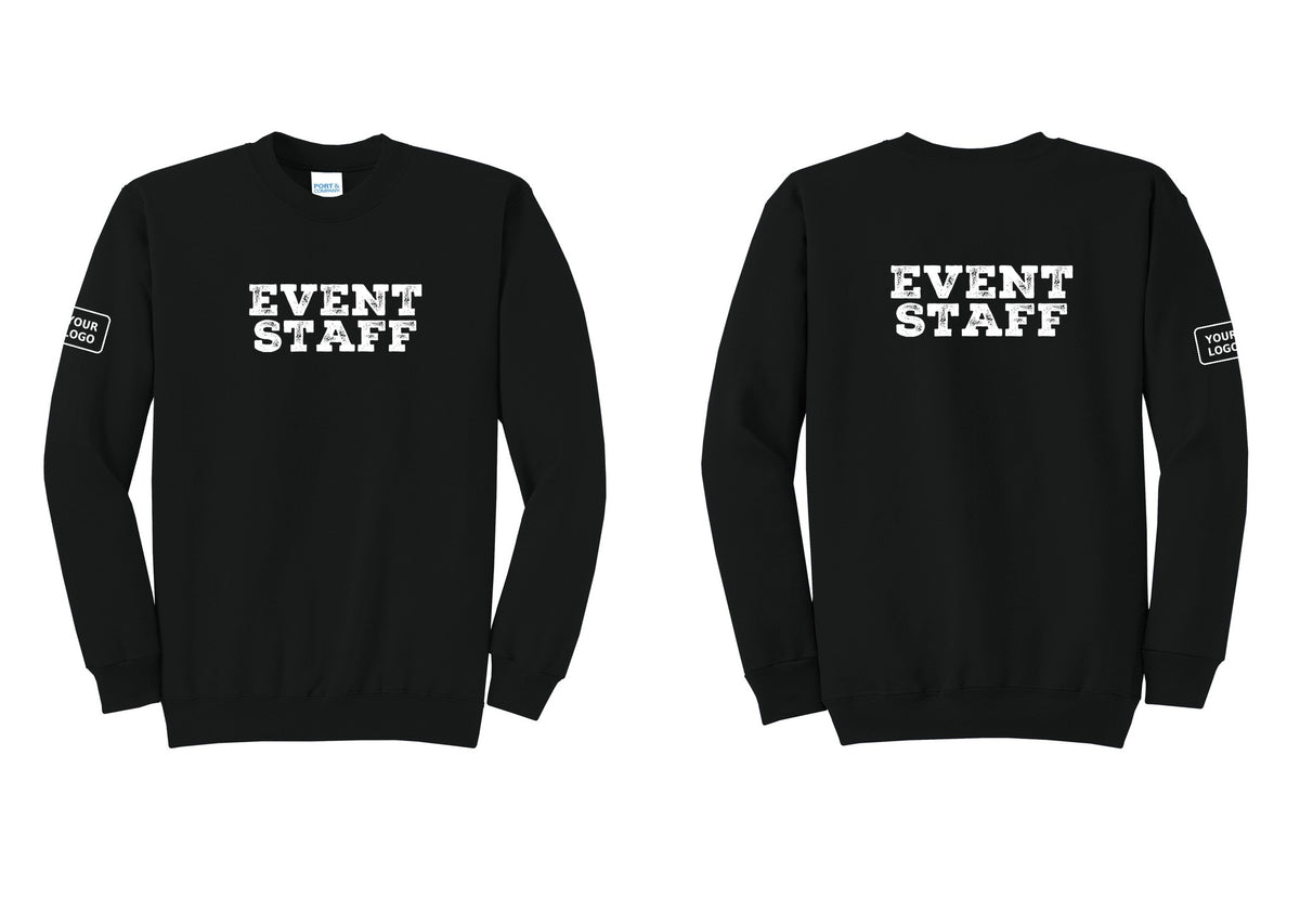 NYC Factory Custom Logo Event Staff Cotton Fleece Crewneck Sweatshirt (Rustic) - Front + Back + Your Logo Sleeve - Black