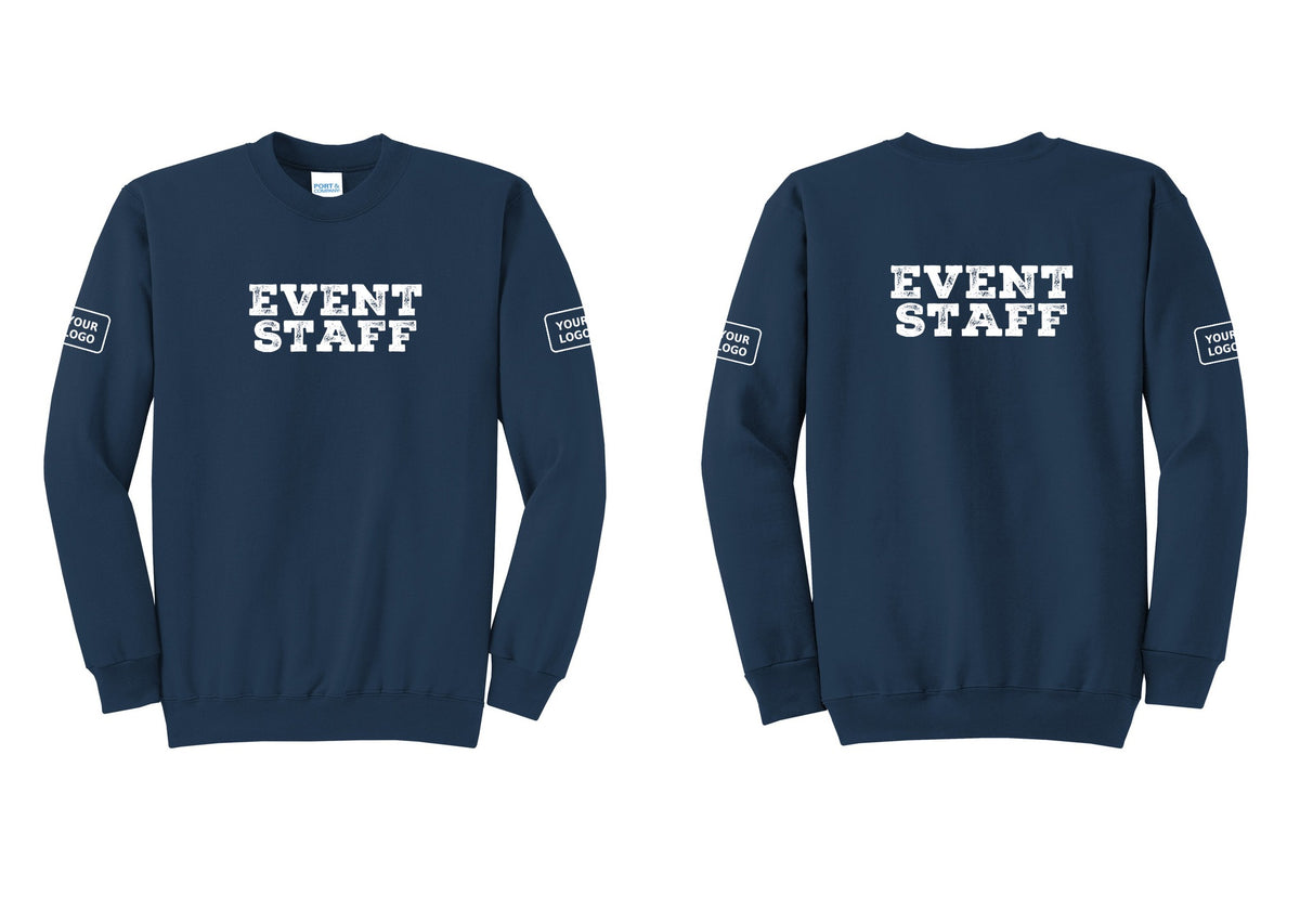 NYC Factory Custom Logo Event Staff Cotton Fleece Crewneck Sweatshirt (Rustic) - Front + Back + Your Logo Sleeves - Navy