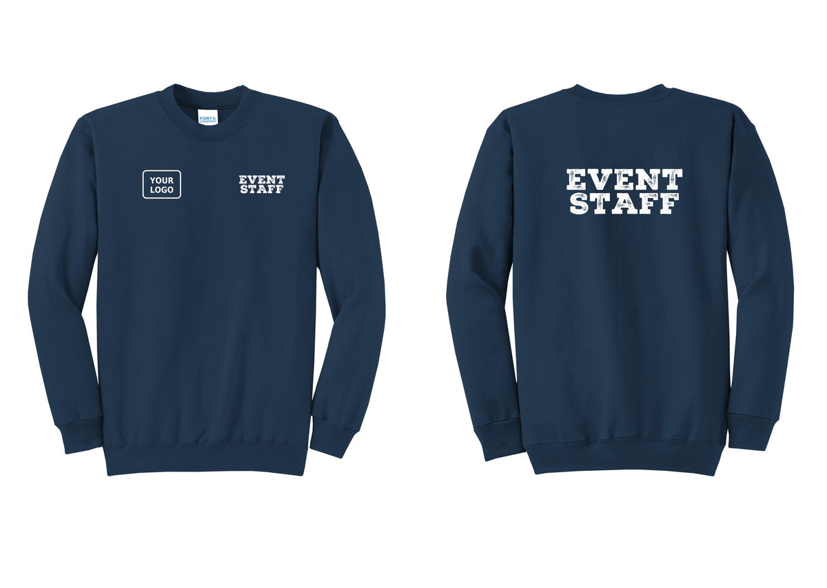NYC Factory Custom Logo Event Staff Cotton Fleece Crewneck Sweatshirt (Rustic) - EVENT STAFF + Your Logo + Back - Navy