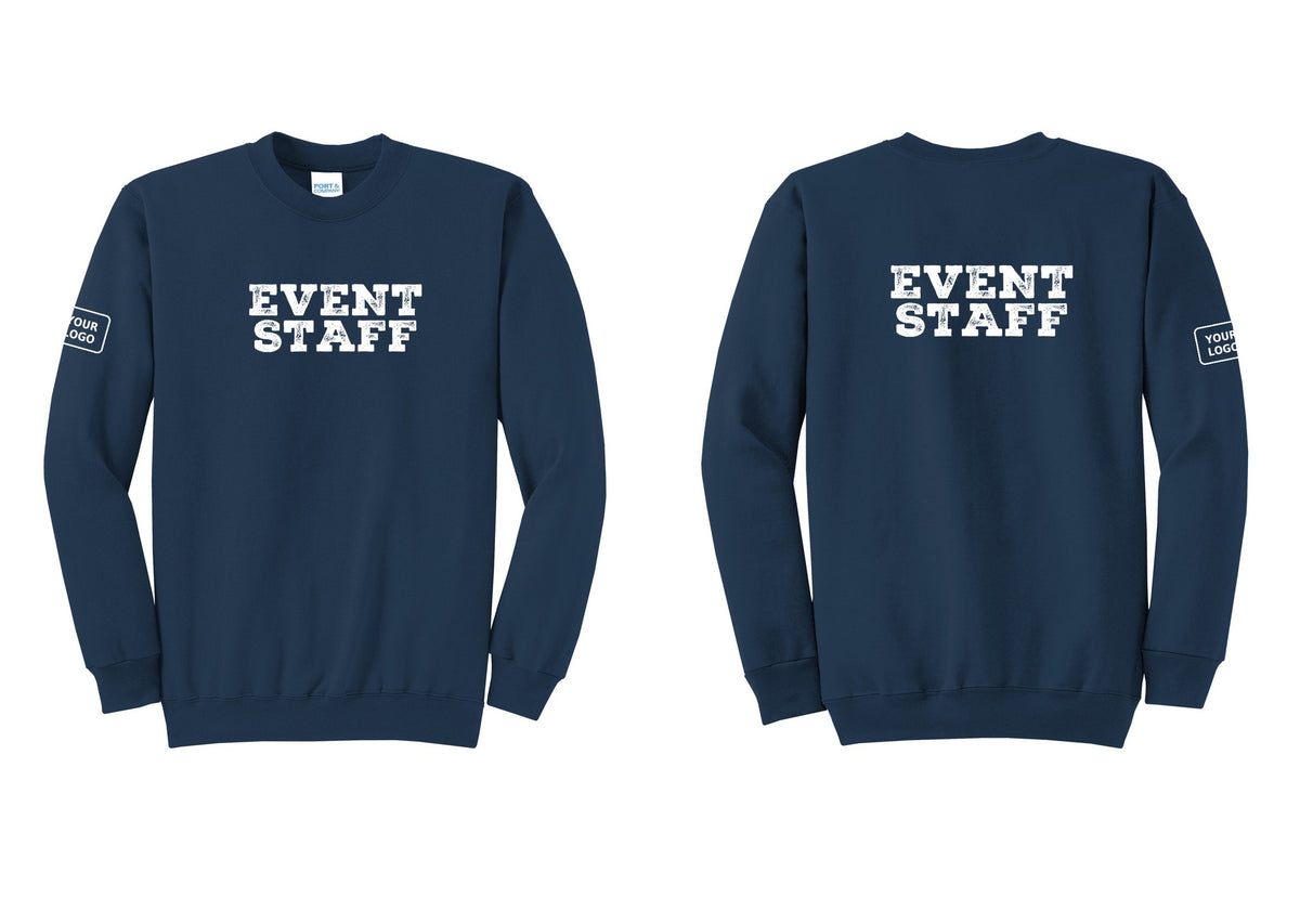 NYC Factory Custom Logo Event Staff Cotton Fleece Crewneck Sweatshirt (Rustic) - Front + Back + Your Logo Sleeve - Navy