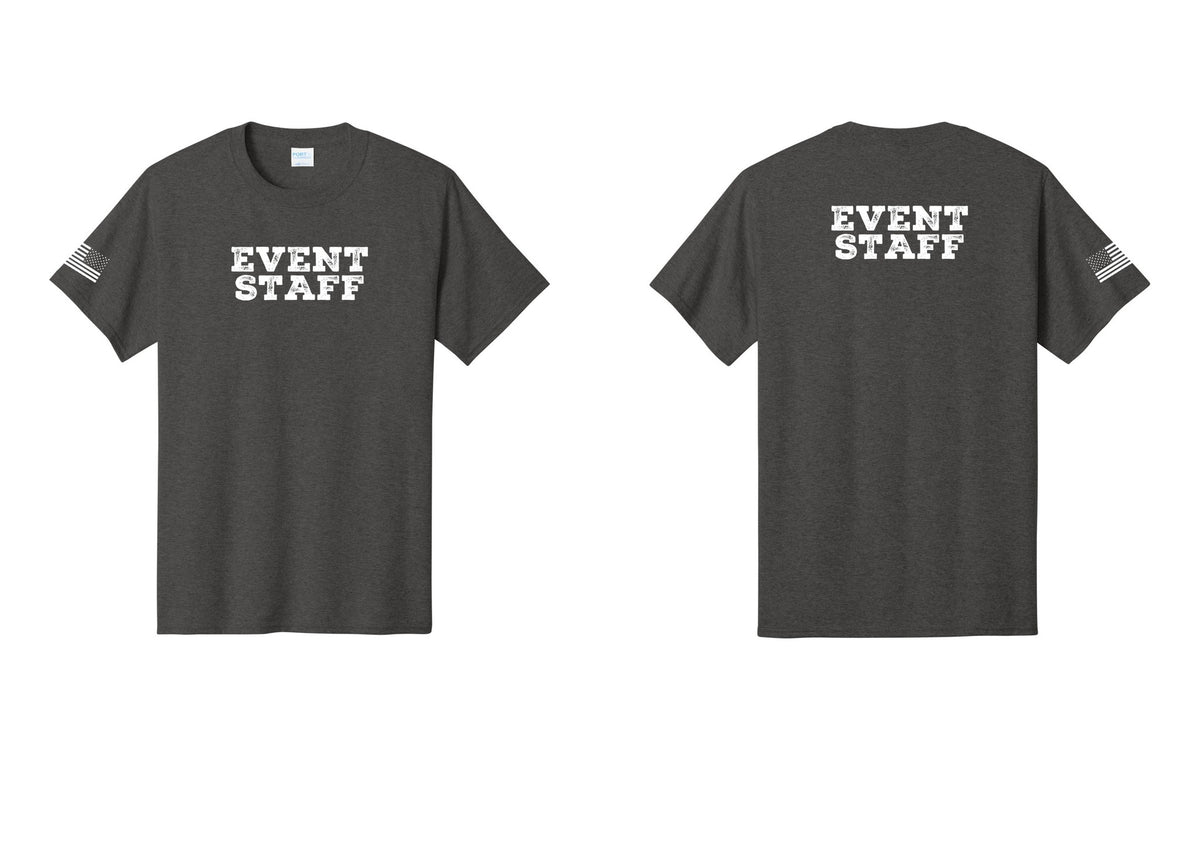 NYC Factory Event Staff T-Shirt - Front + Back + US Flag Sleeve - Dark Heather Grey