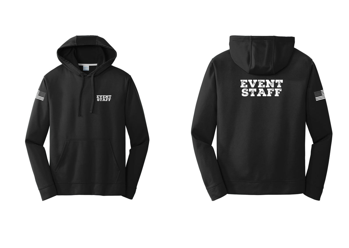 NYC Factory Event Staff Performance Hooded Fleece Pullover Sweatshirt (Rustic) - Chest + Back + US Flag Sleeve - Black