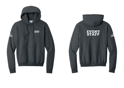 NYC Factory Event Staff Cotton Fleece Pullover Hoodie (Rustic) - Chest + Back + US Flag Sleeve - Dark Heather Grey