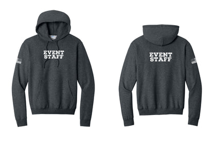 NYC Factory Event Staff Cotton Fleece Pullover Hoodie (Rustic) - Front + Back + US Flag Sleeve - Dark Heather Grey