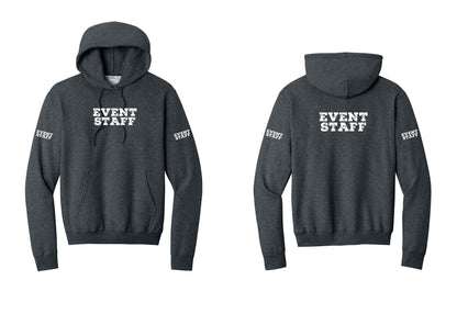 NYC Factory Event Staff Cotton Fleece Pullover Hoodie (Rustic) - Front + Back + Event Staff Sleeves - Dark Heather Grey