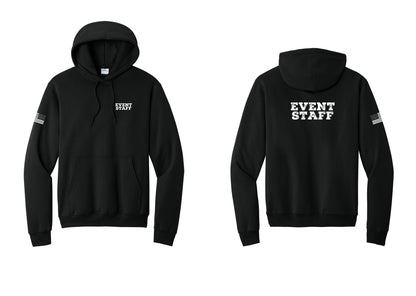 NYC Factory Event Staff Cotton Fleece Pullover Hoodie (Rustic) - Chest + Back + US Flag Sleeve - Black