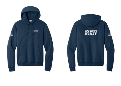 NYC Factory Event Staff Cotton Fleece Pullover Hoodie (Rustic) - Chest + Back + US Flag Sleeve - Navy