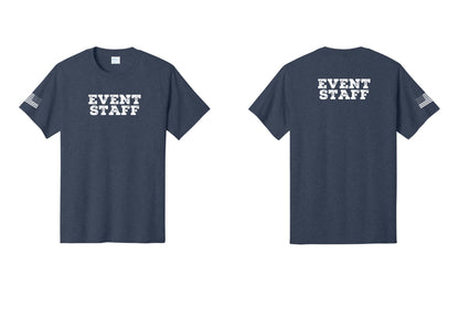 NYC Factory Event Staff T-Shirt - Front + Back + US Flag Sleeve - Heather Navy