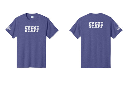 NYC Factory Event Staff T-Shirt - Front + Back + US Flag Sleeve - Heather Purple