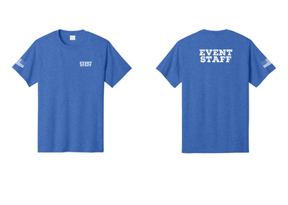NYC Factory Event Staff T-Shirt - Chest + Back + US Flag Sleeve - Heather Royal