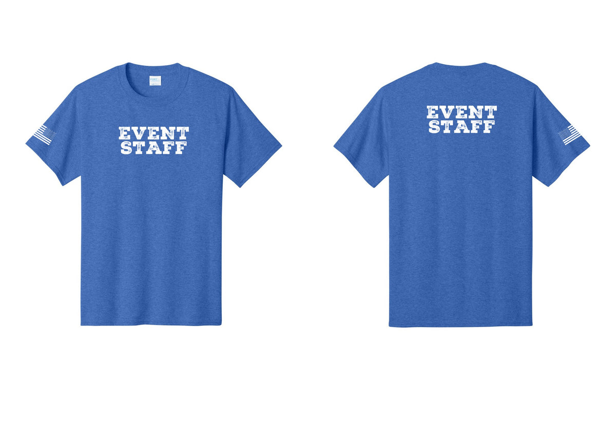 NYC Factory Event Staff T-Shirt - Front + Back + US Flag Sleeve - Heather Royal