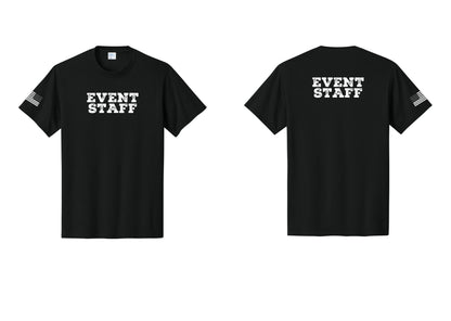 NYC Factory Event Staff T-Shirt - Front + Back + US Flag Sleeve - Black