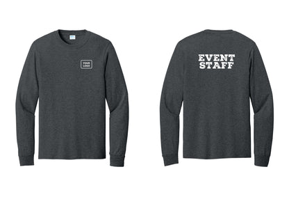 NYC Factory Custom Logo Event Staff Cotton Long Sleeve T-Shirt (Rustic) - Your Logo + Back - Dark Heather Grey