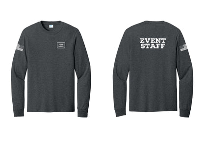 NYC Factory Custom Logo Event Staff Cotton Long Sleeve T-Shirt (Rustic) - Your Logo + Back + US Flag Sleeve - Dark Heather Grey