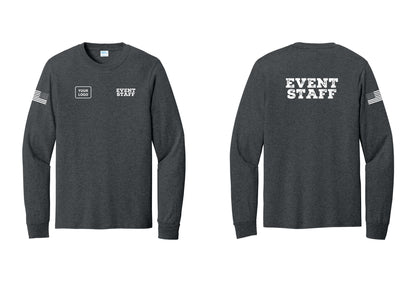 NYC Factory Custom Logo Event Staff Cotton Long Sleeve T-Shirt (Rustic) - EVENT STAFF + Your Logo + Back + US Flag Sleeve - Dark Heather Grey
